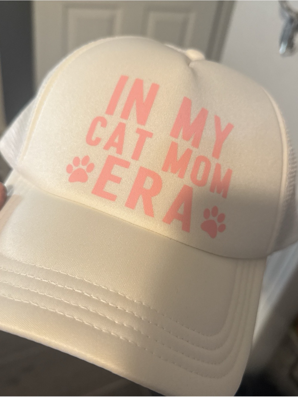 Hobby Lobby White Trucker Hat with Pink "In My Cat Mom Era" Print